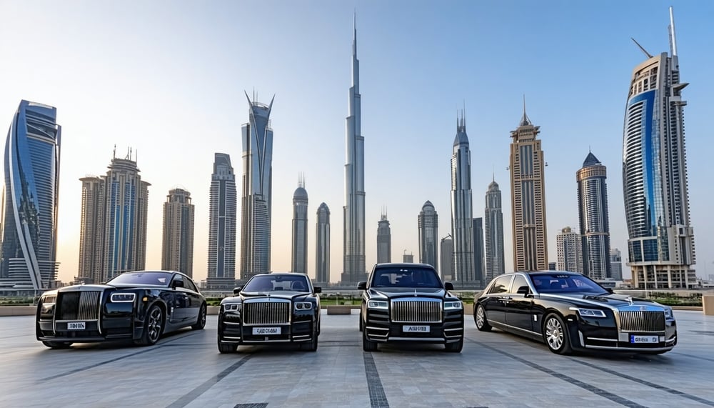 Dubai skyline with Burj Khalifa and luxury travel vehicles